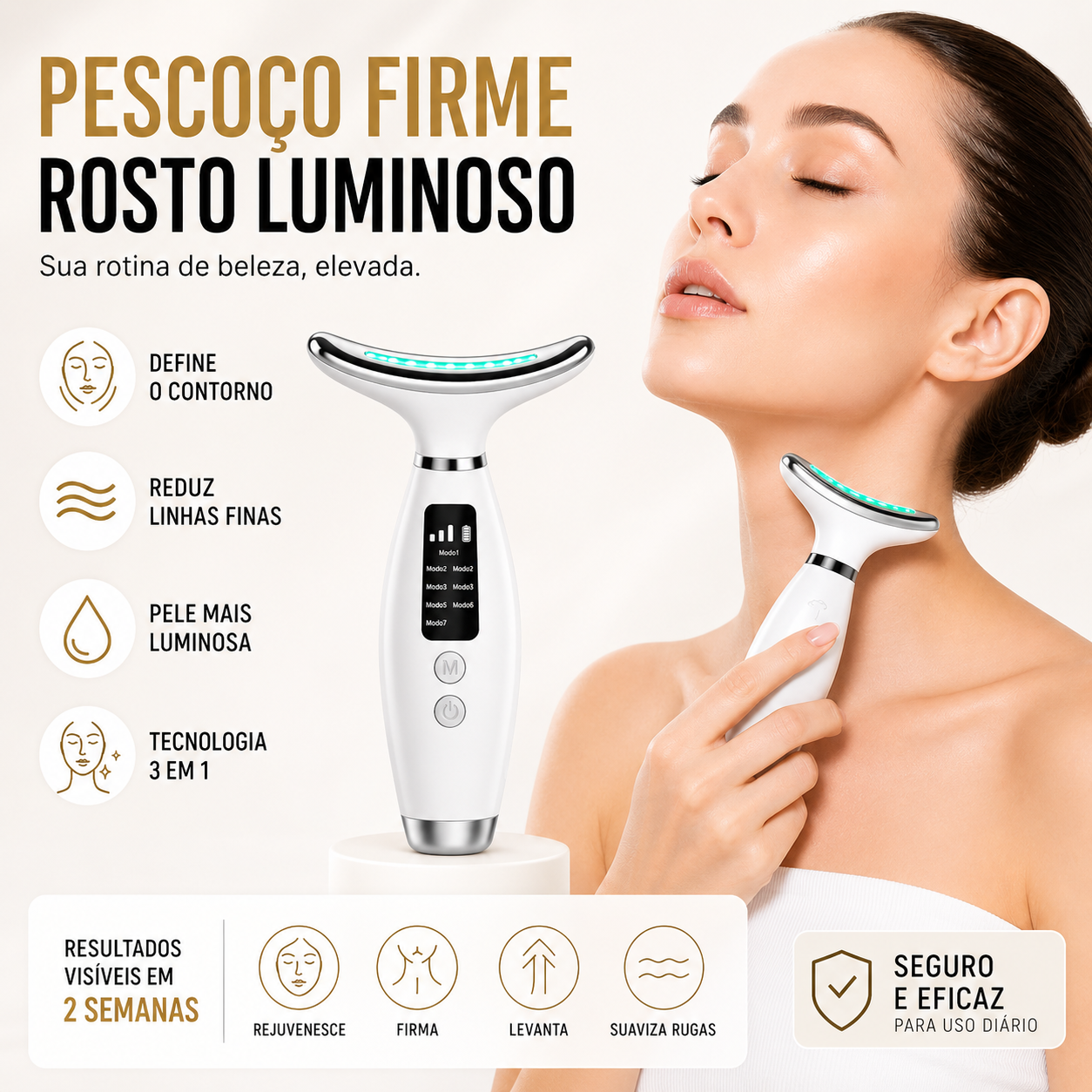 Massageador Facial e Pescoço 3 em 1 com Luz LED e EMS