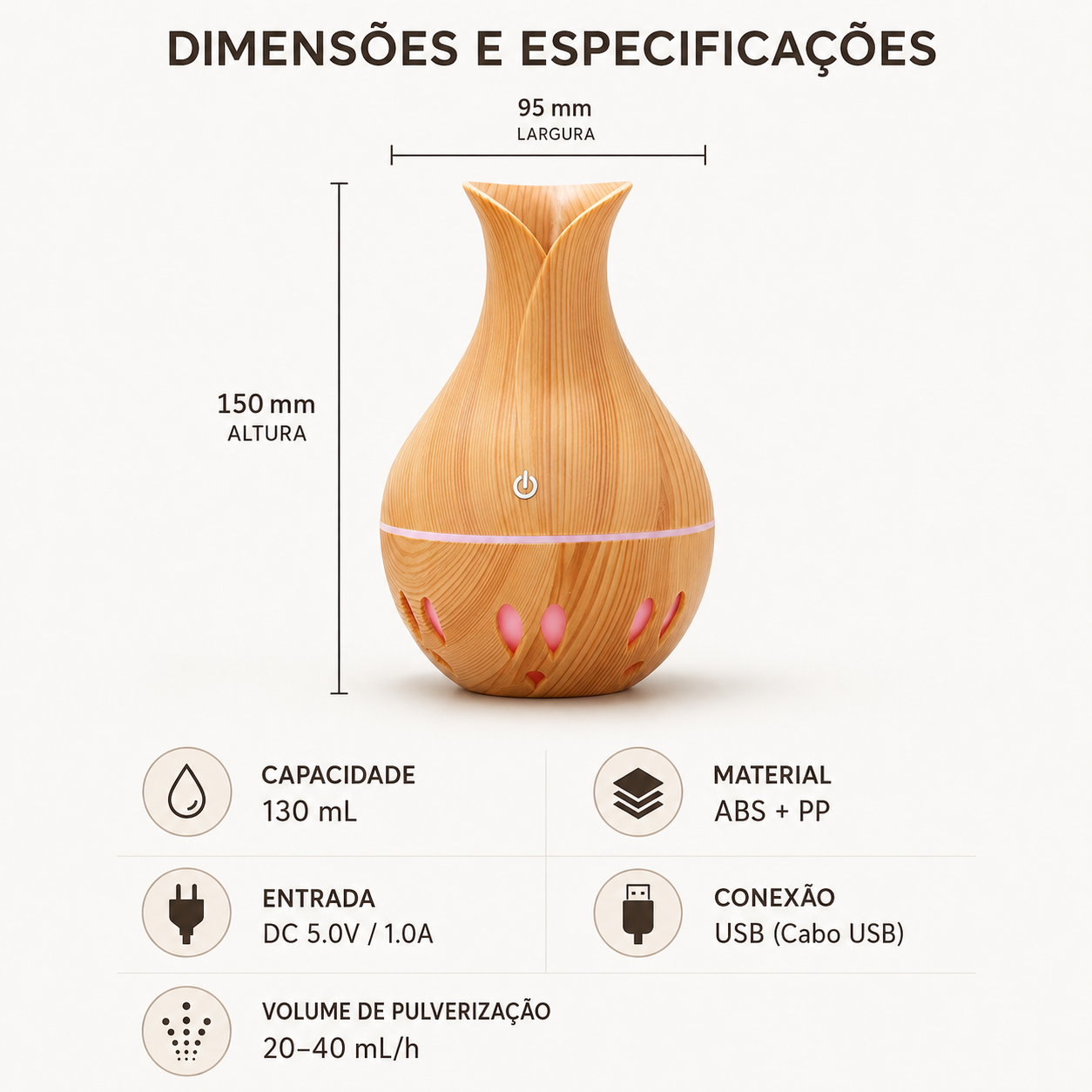 Umidificador de Ar e Difusor de Aromas com LED Decorativo USB