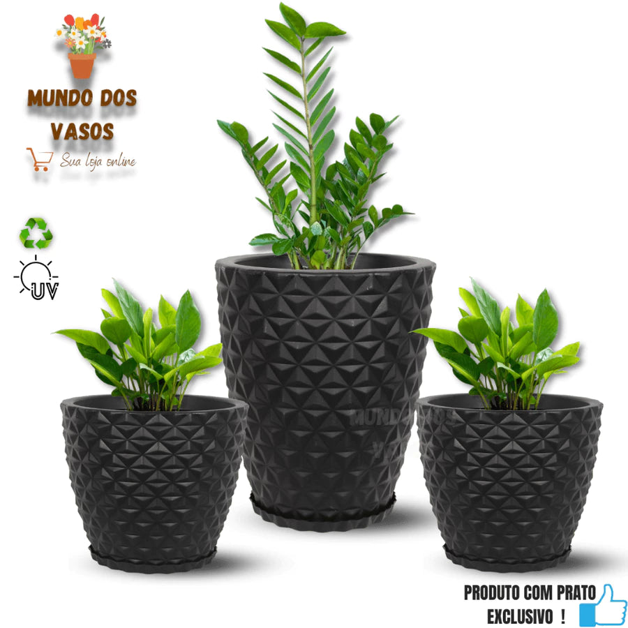 Kit 3 Vasos Diamante com Prato para Plantas