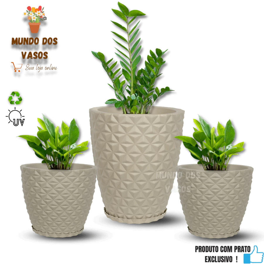 Kit 3 Vasos Diamante com Prato para Plantas
