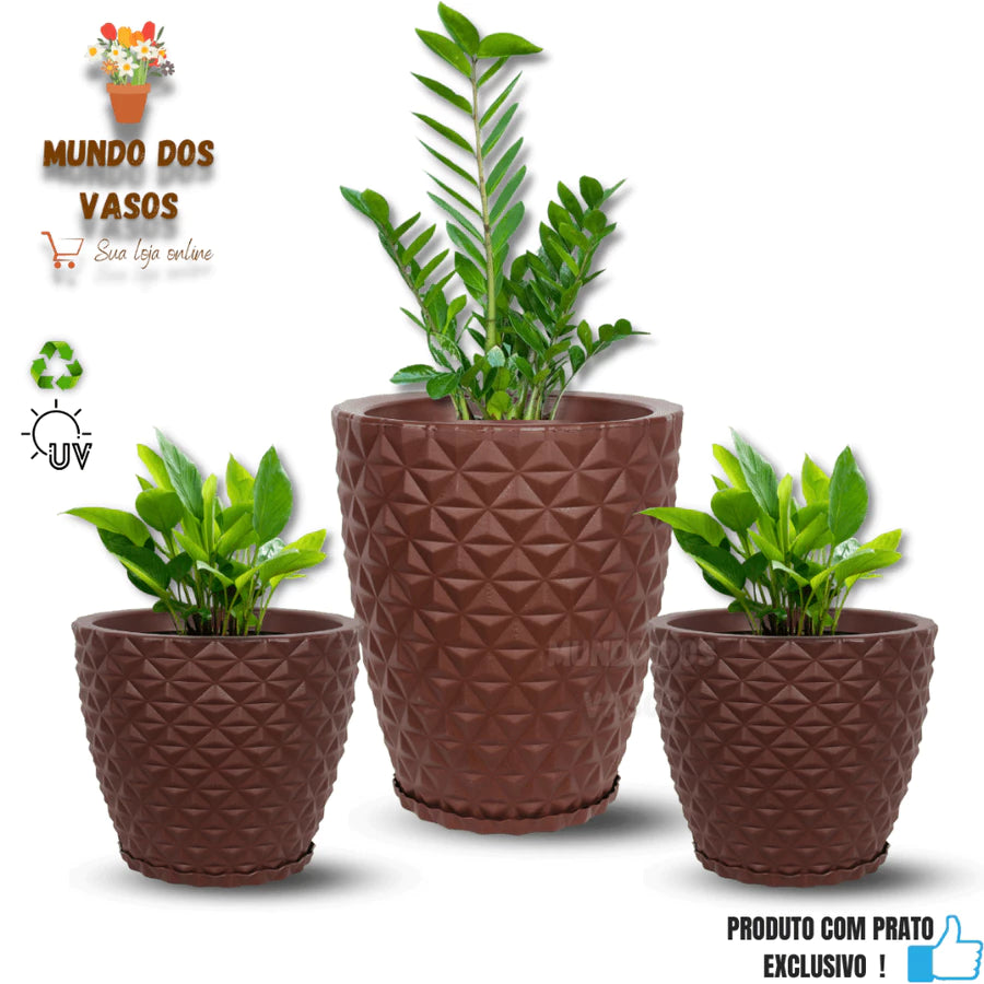 Kit 3 Vasos Diamante com Prato para Plantas