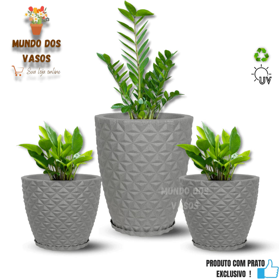 Kit 3 Vasos Diamante com Prato para Plantas