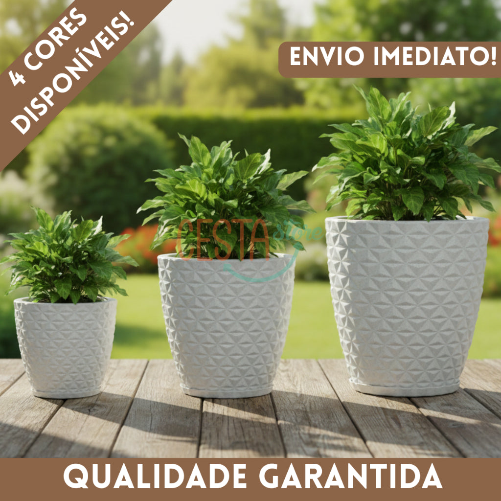 Kit 3 Vasos Diamante com Prato para Plantas - detalhe