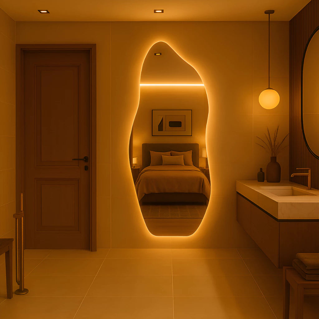Espelho Orgânico Led  170x50cm Luz Branco e Luz Amarela Flame Quarto Sala Salão Loja