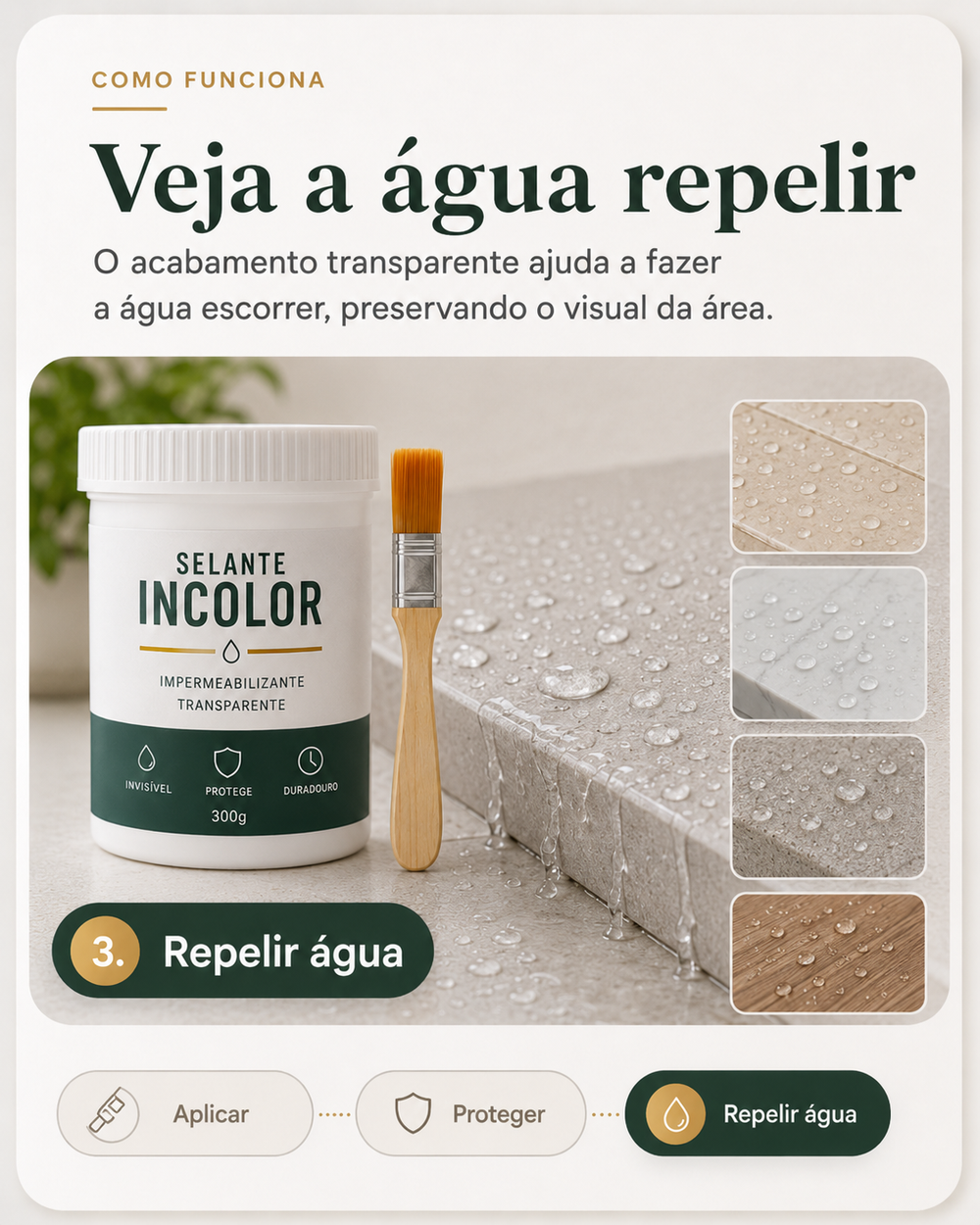 Resultado com água escorrendo sobre superfície protegida
