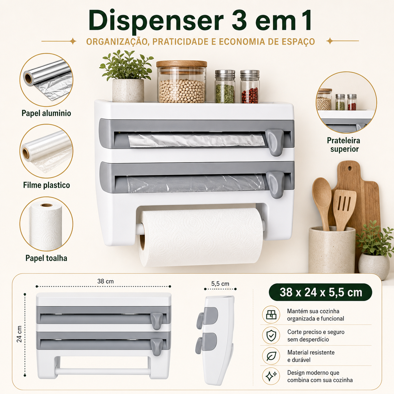 Beneficios e medidas do dispenser 3 em 1 para cozinha
