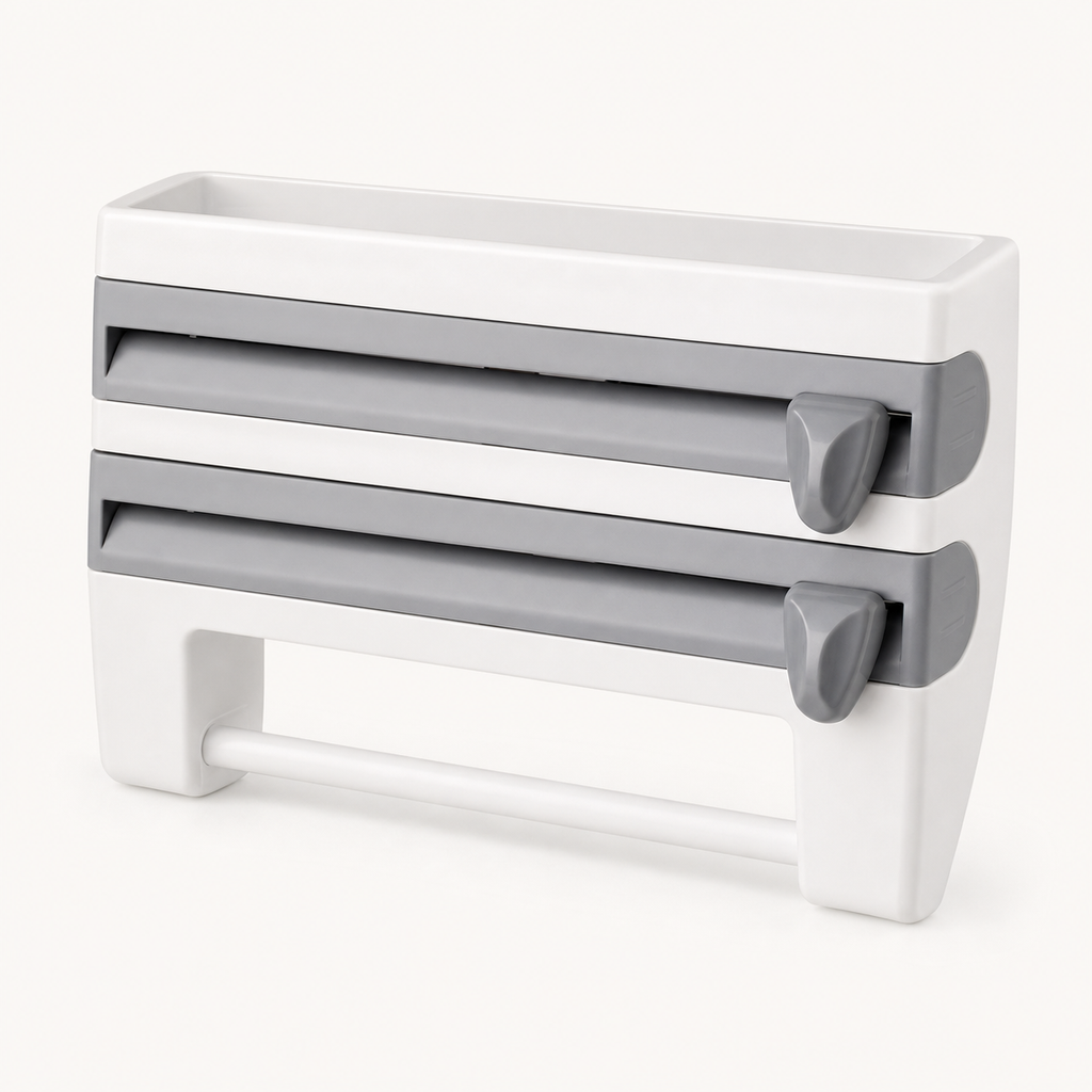Dispenser organizador de parede branco e cinza para cozinha