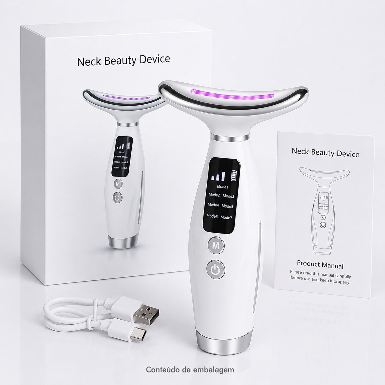 Massageador Facial e Pescoço 3 em 1 com Luz LED e EMS