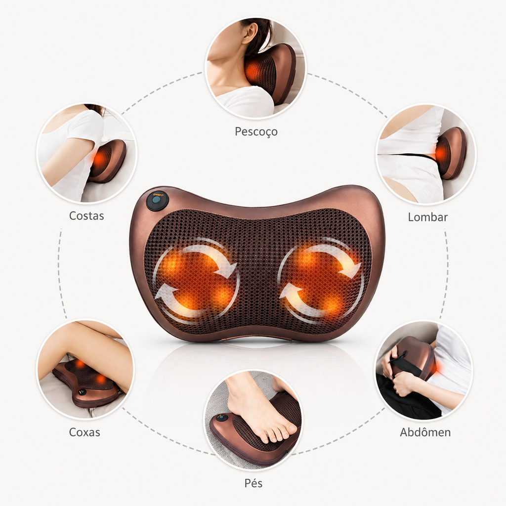 Almofada Massageadora Shiatsu 8 Bolas com Aquecimento para Pescoço, Costas e Lombar