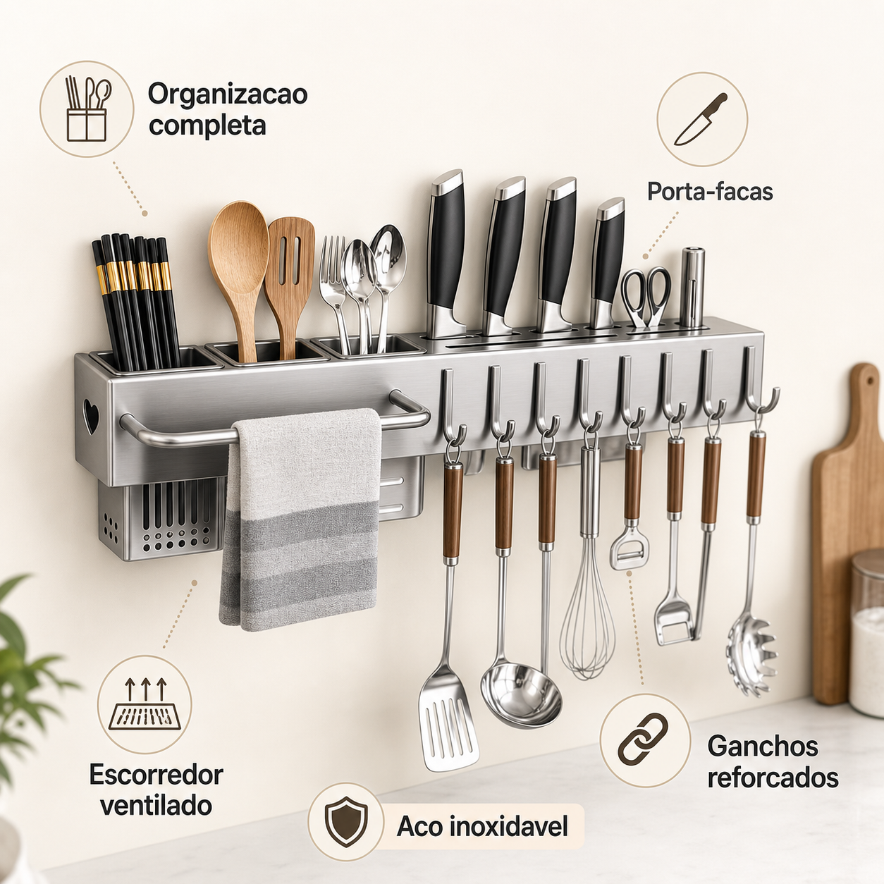 Beneficios do organizador de cozinha inox com ganchos porta facas e escorredor