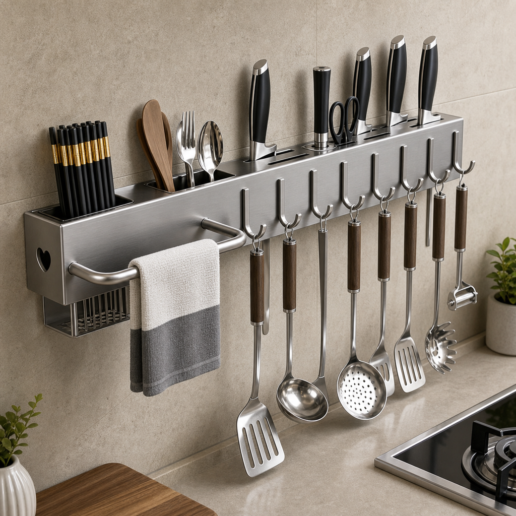 Organizador de cozinha de parede inox multifuncional com porta facas e ganchos