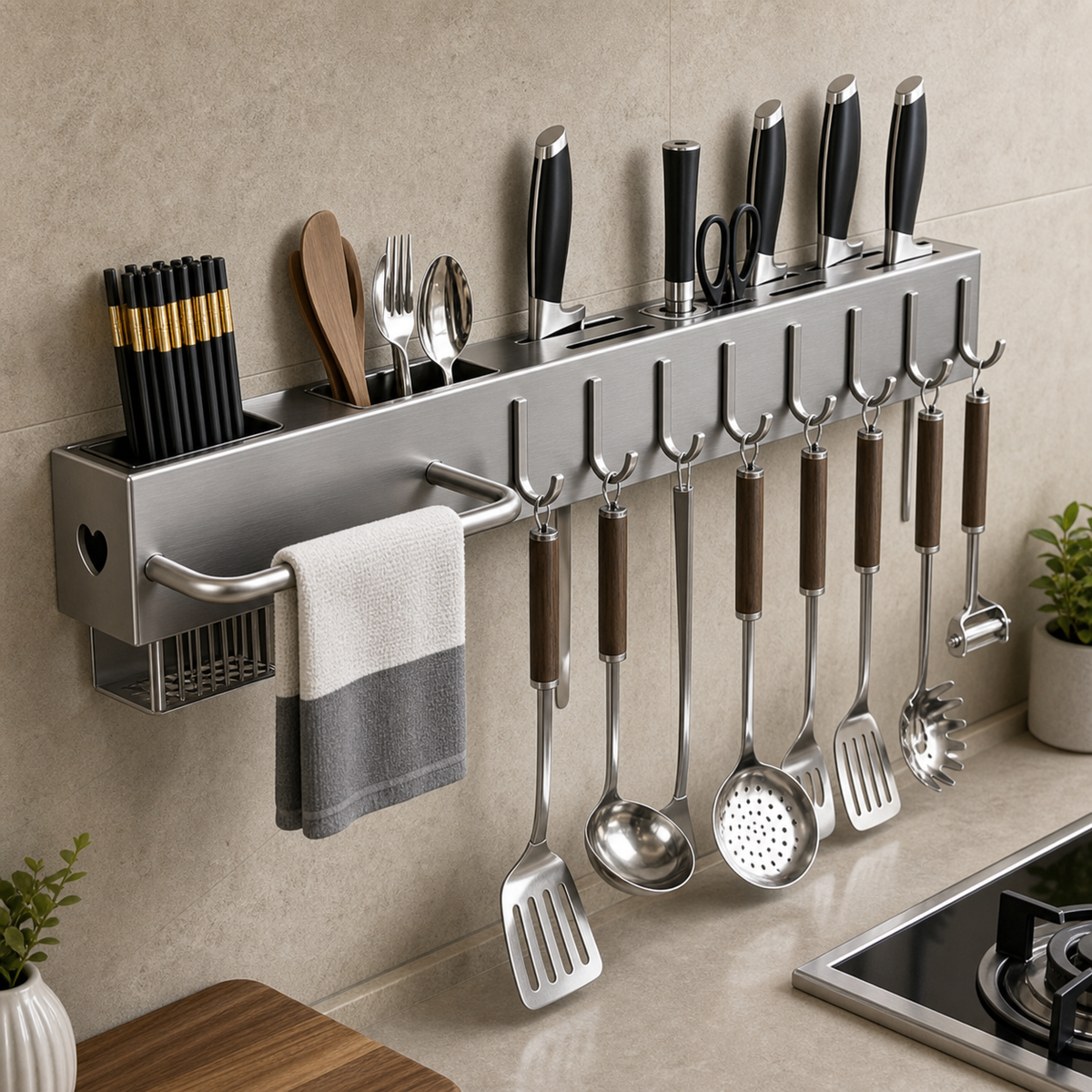 Organizador de Cozinha de Parede Inox Multifuncional com Porta Facas e Ganchos