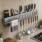 Organizador de cozinha de parede inox multifuncional com porta facas e ganchos