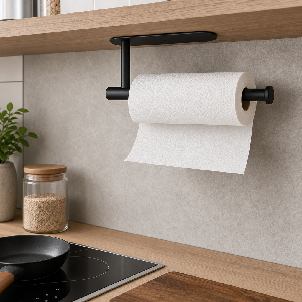 Suporte porta papel toalha preto em cozinha moderna perto do cooktop