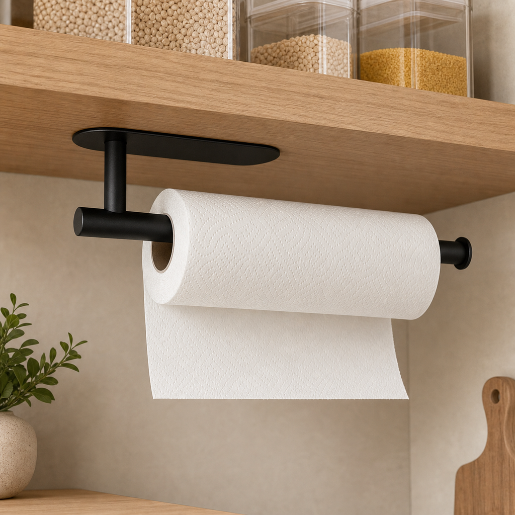 Suporte porta papel toalha preto instalado sob armario de cozinha