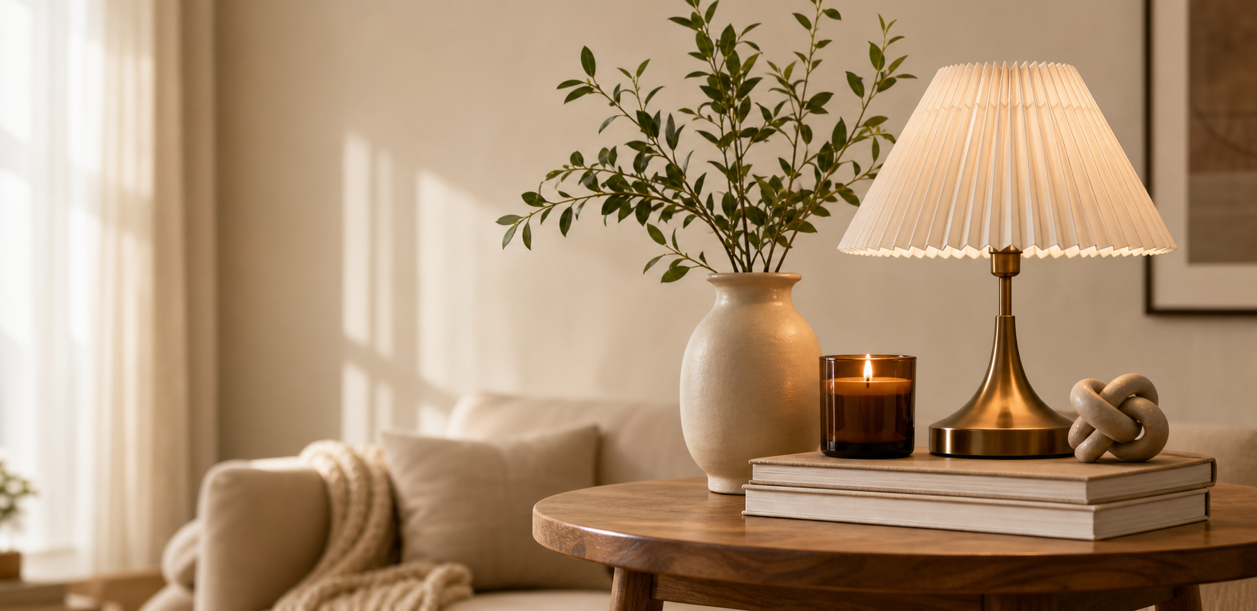 Mesa lateral com luminária, vela e vaso em ambiente acolhedor